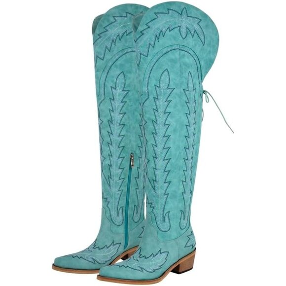 Women Turquoise Polyurethane Over the Knee Adjustable Thigh High Cowgirl Boot - Picture 3 of 5